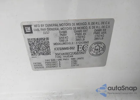 2018 Chevrolet Silverado 1500 1Lt/2Lt z USA, uszkodzony, nr VIN 3GCUKREC2JG223527